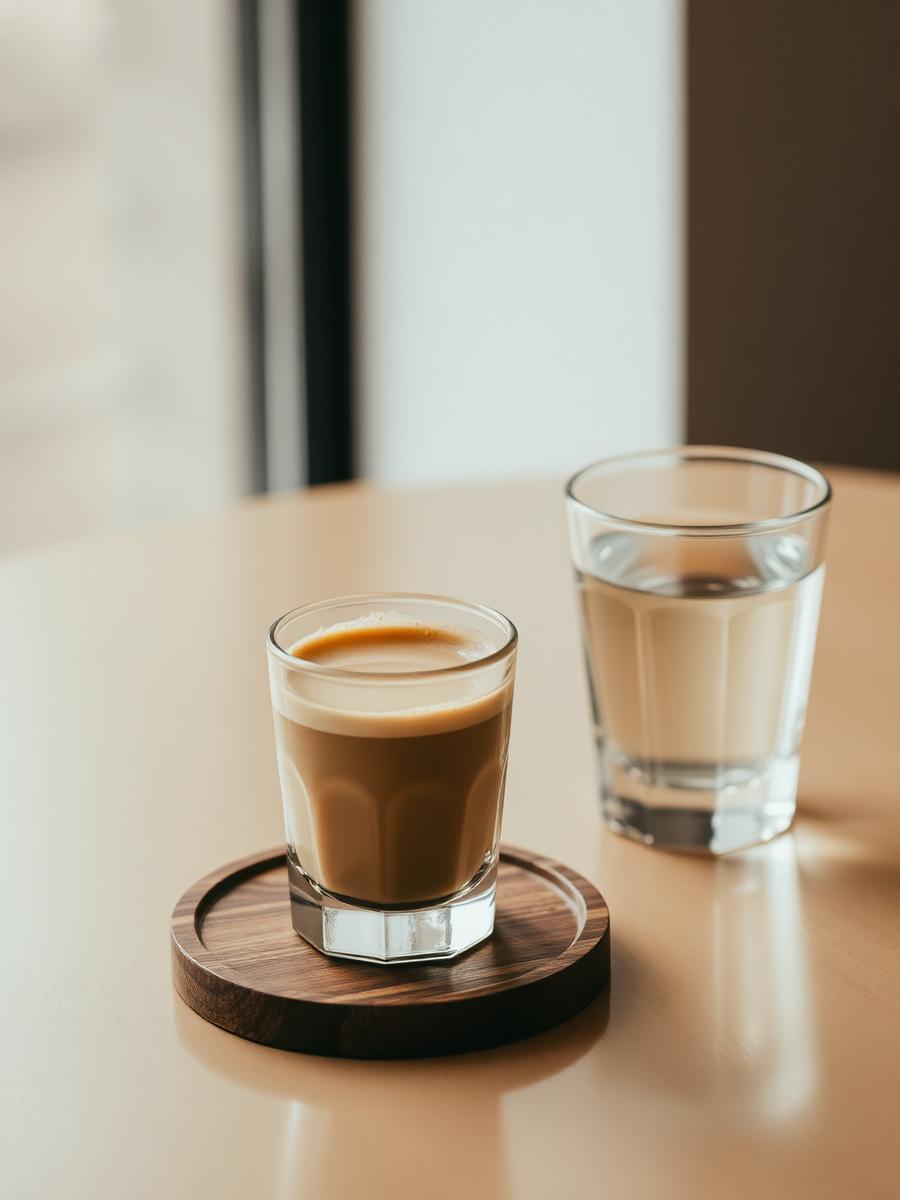 Espresso with water on wooden coaster
